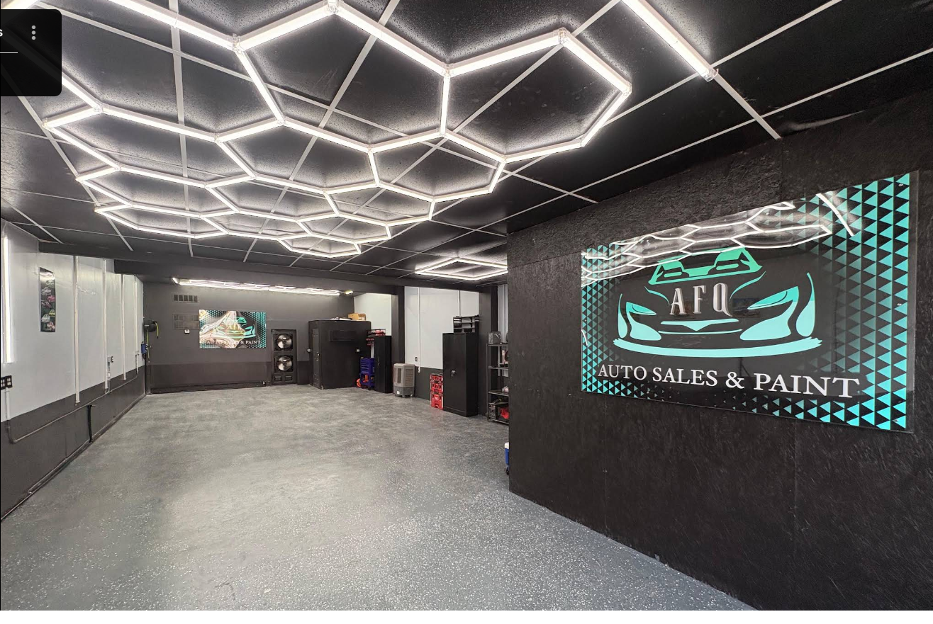 Interior of AFQ Auto Sales and Paint workshop in Tampa, Florida