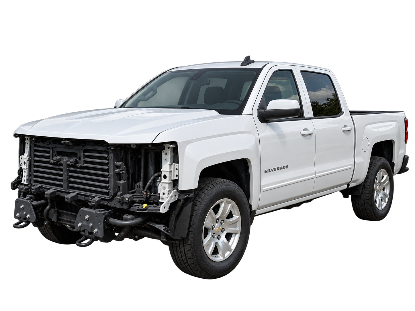 White Chevrolet Silverado before assessment and refinishing process at AFQ Auto Sales and Paint in Tampa, Florida